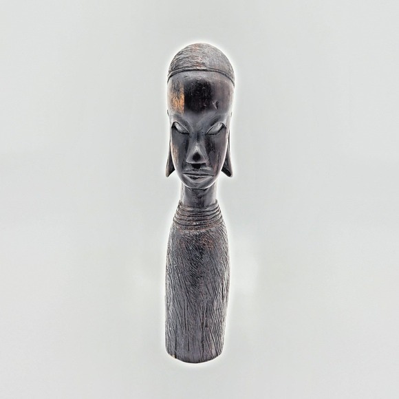 Handmade Other - Vintage African Hand Carved Ebony Wood Female Bust Elongated Head Figurine 9"